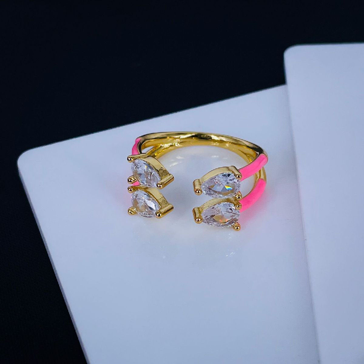 Twin Pear Black CZ Enamel 18K Gold Copper Free Size Ring Bulk