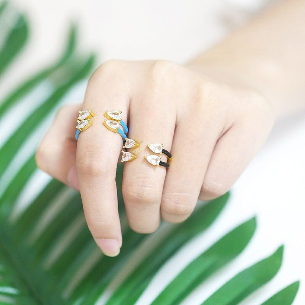 Twin Pear Black CZ Enamel 18K Gold Copper Free Size Ring Bulk
