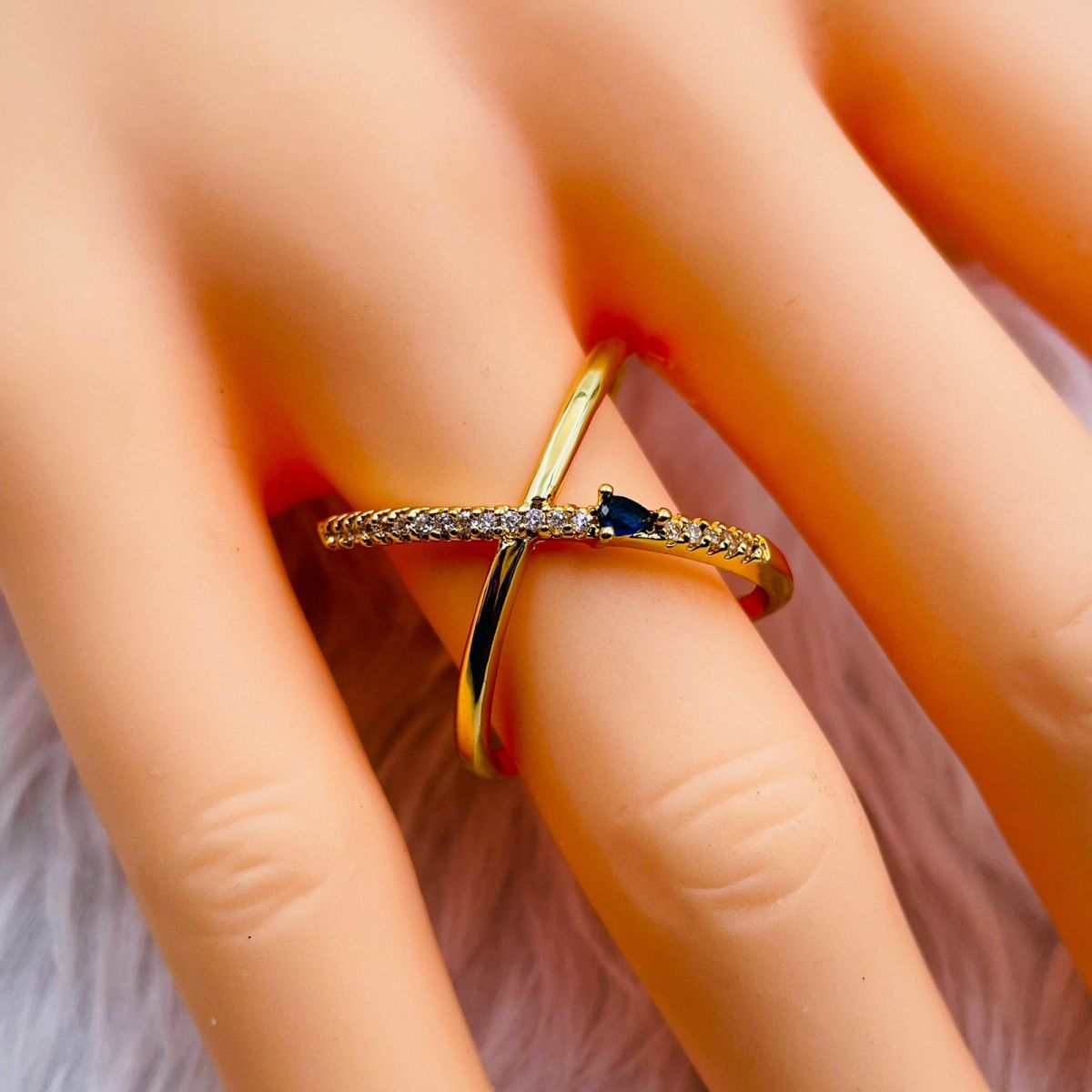 Cross Over Cubic Zirconia Red Ruby Copper 18K Gold Open Back Ring Bulk
