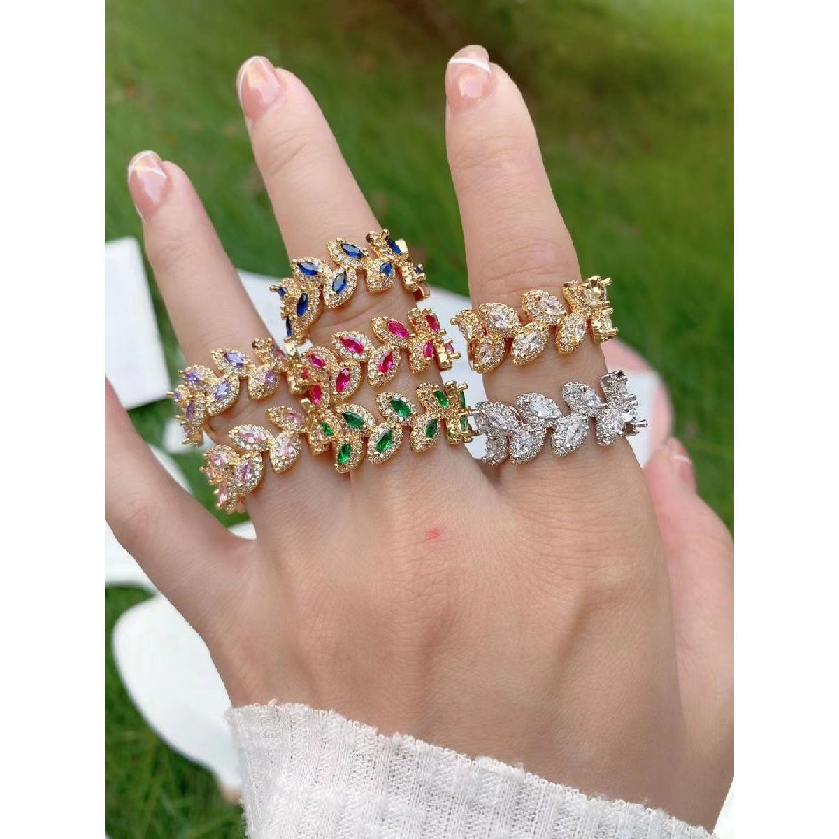 Floral Leaf Cubic Zirconia 18K Gold Anti Tarnish Open Back Ring Bulk