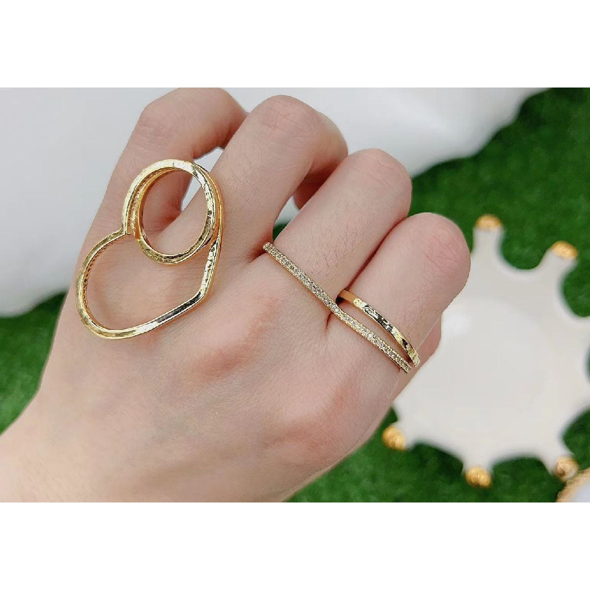 Dual Finger Heart Love 18K Gold Copper Studded Free Size Ring Bulk Main image