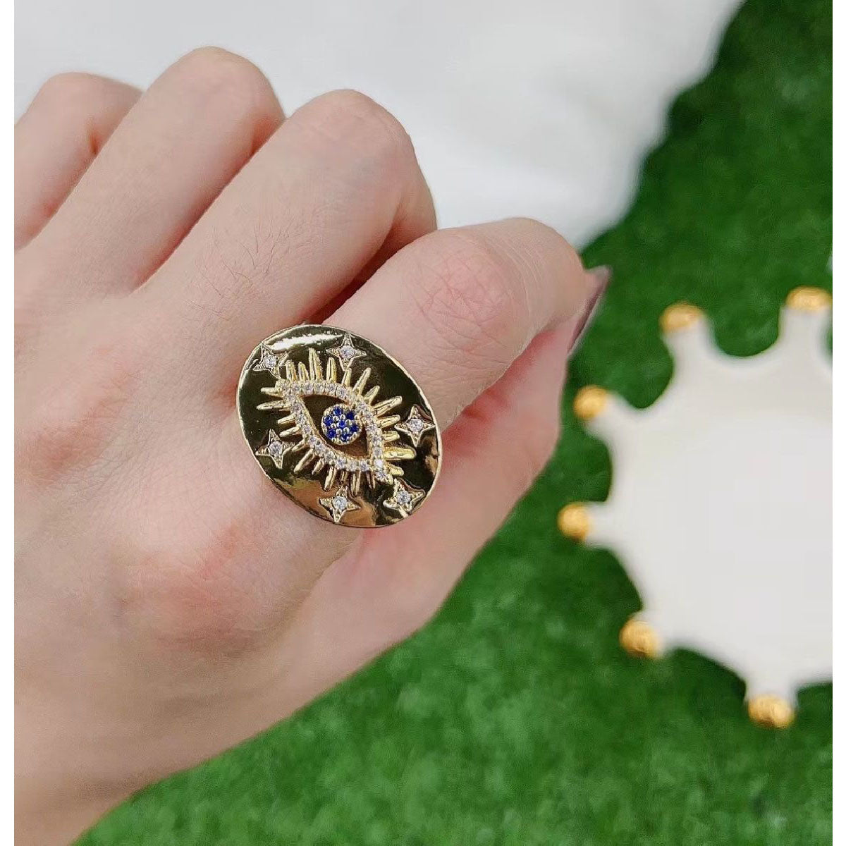 Copper Evil Eye Medallion 18K Gold Free Size Ring For Women Bulk