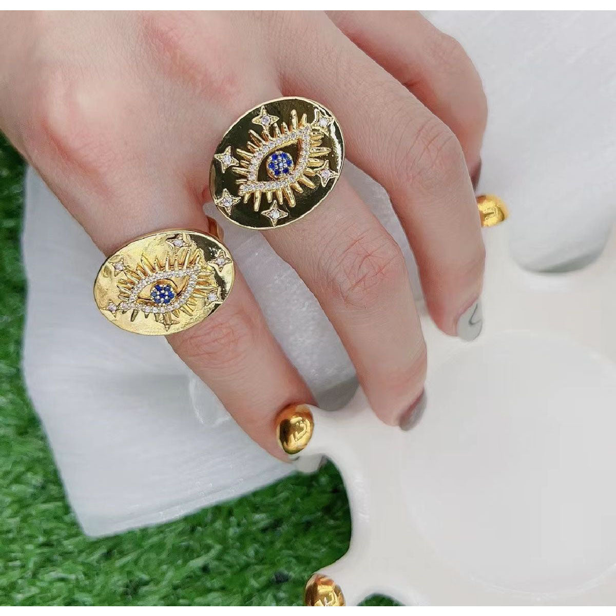 Copper Evil Eye Medallion 18K Gold Free Size Ring For Women Bulk