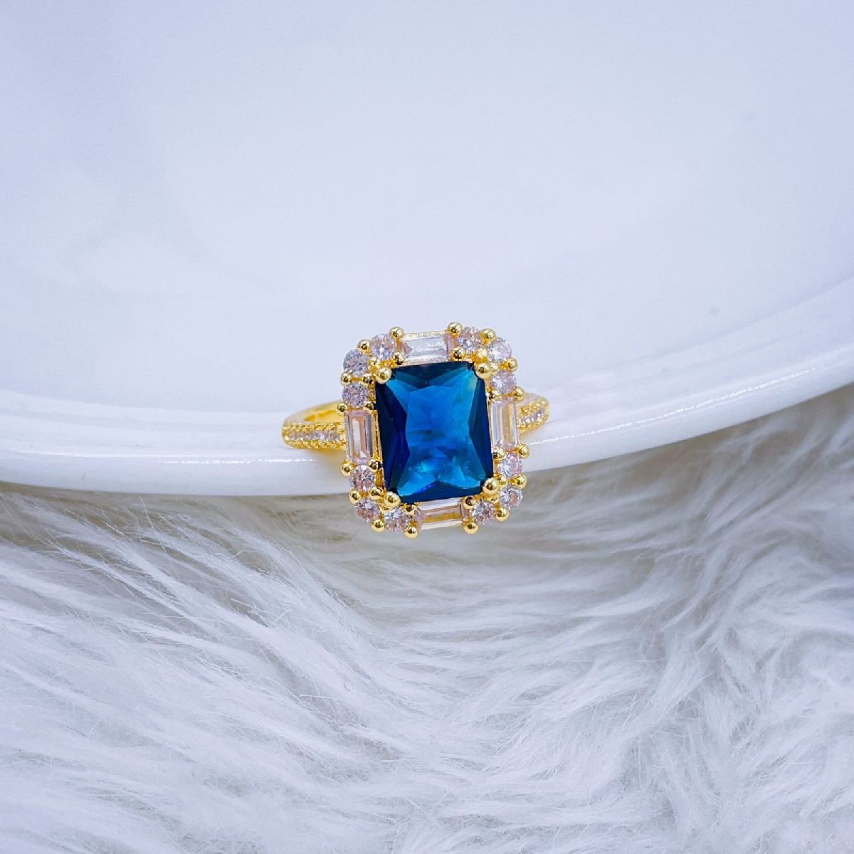 Copper Blue Sapphire Baguette CZ 18K Gold Free Size Ring Bulk Main image