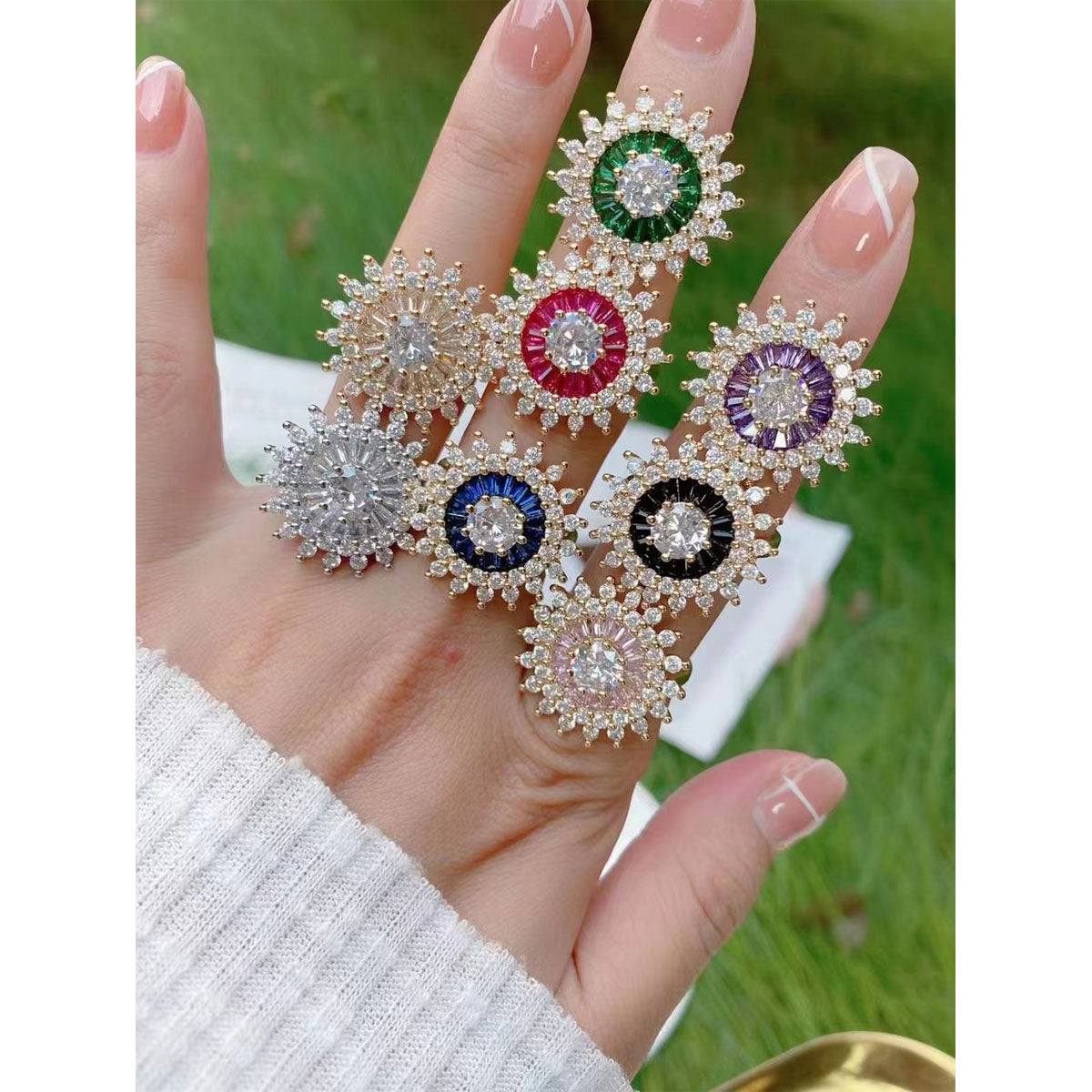Purple Amethyst Cubic Zirconia Sun Flower 18K Gold Free Size Ring Bulk Main image
