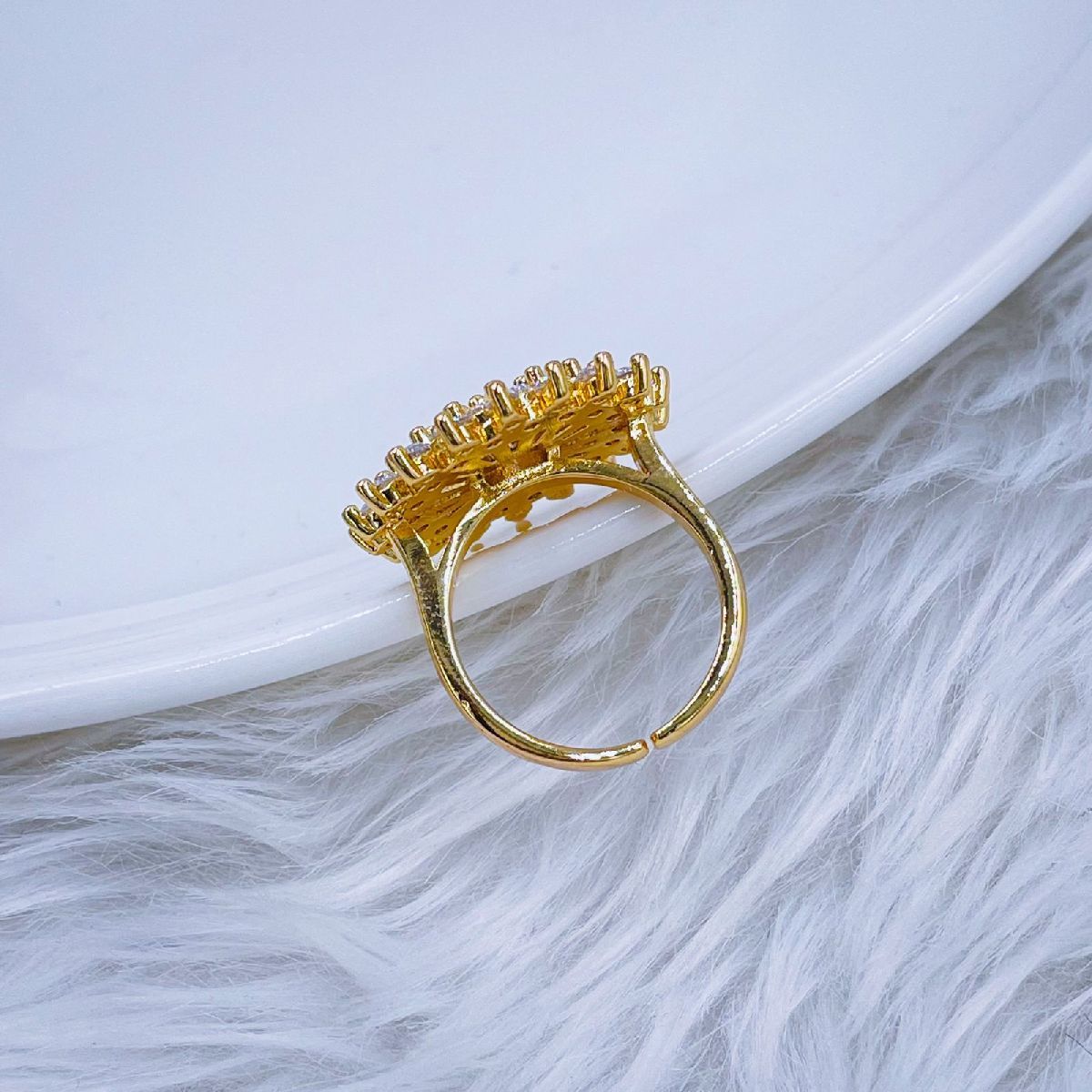Purple Amethyst Cubic Zirconia Sun Flower 18K Gold Free Size Ring Bulk