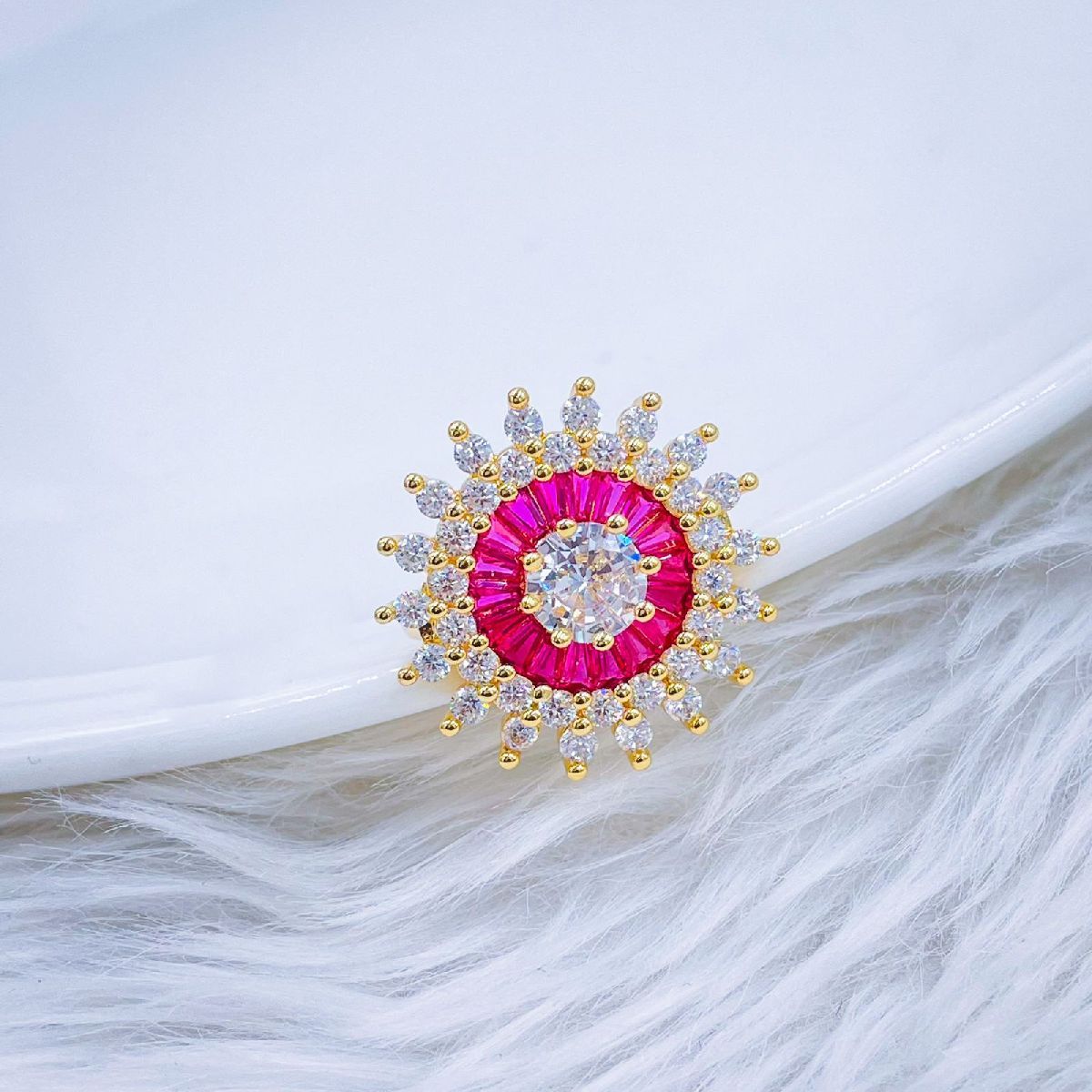 Purple Amethyst Cubic Zirconia Sun Flower 18K Gold Free Size Ring Bulk
