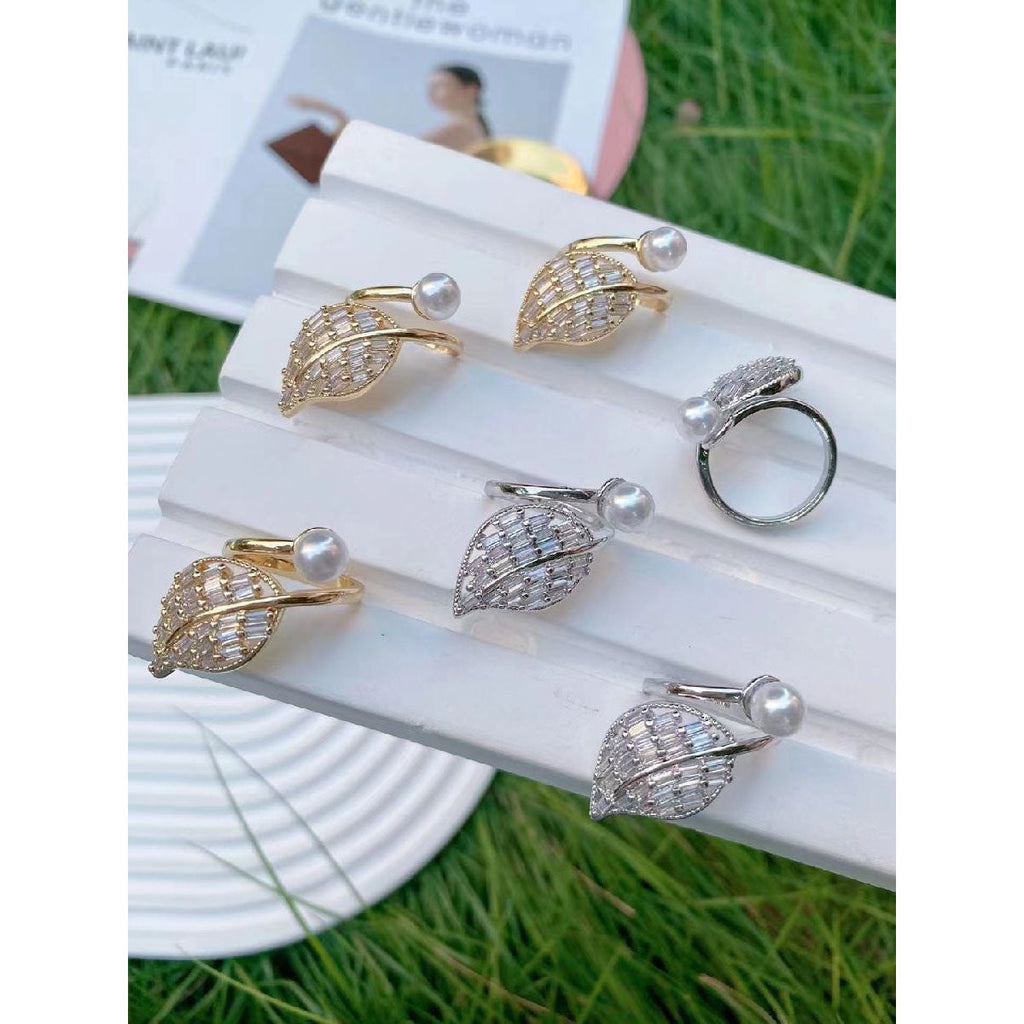Feather Leaf Pearl Baguette CZ 18K Gold Free Size Ring Bulk