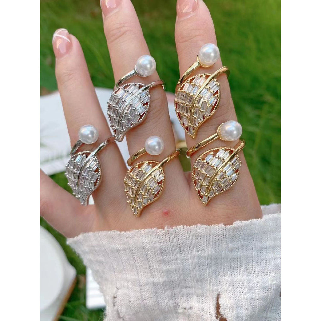 Feather Leaf Pearl Baguette CZ 18K Gold Free Size Ring Bulk