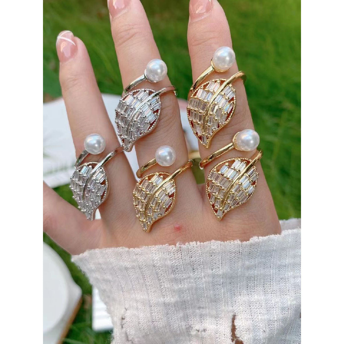 Feather Leaf Pearl Baguette CZ 18K Gold Free Size Ring Bulk