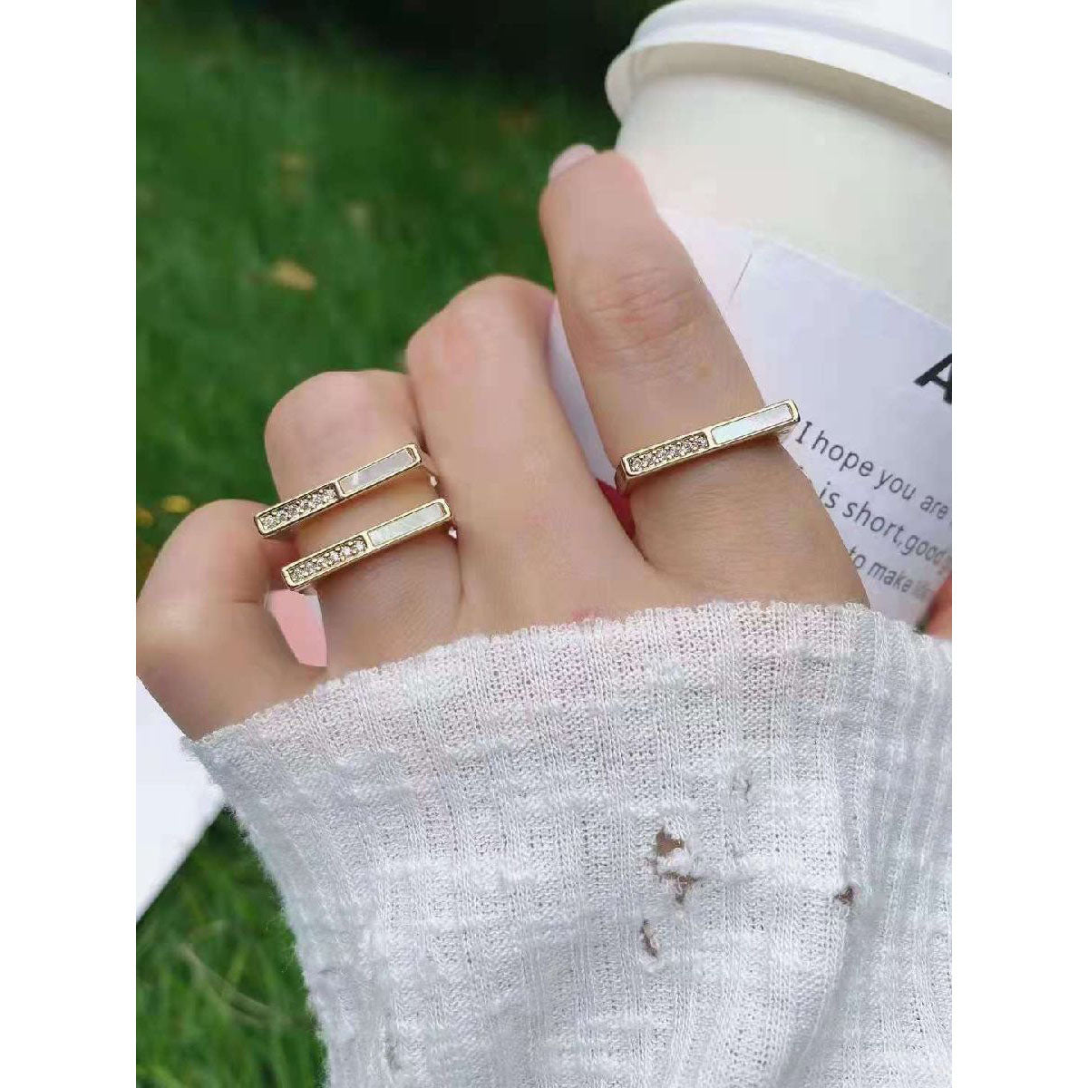 Rectangle White Mother Of Pearl CZ 18K Gold Free Size Ring Bulk