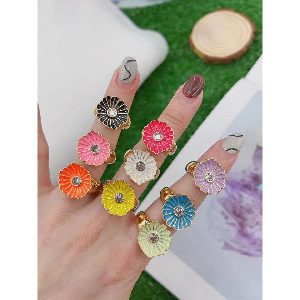Black Enamel Cubic Zirconia Daisy Flower 18K Gold Open Back Ring Bulk