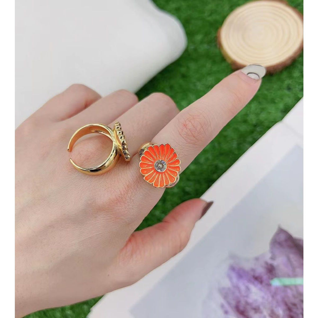 Black Enamel Cubic Zirconia Daisy Flower 18K Gold Open Back Ring Bulk