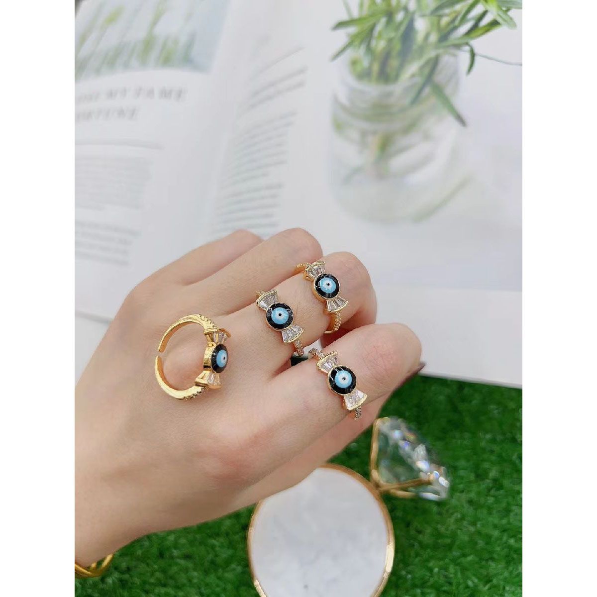 Fancy Blue Evil Eye Cubic Zirconia 18K Gold Open Back Ring Women Bulk Main image