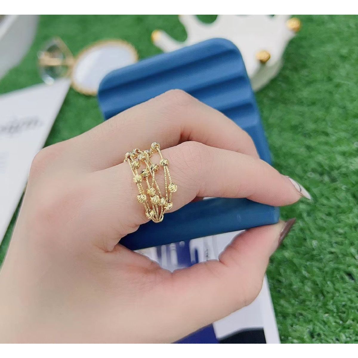 Delicate Mesh Ball 18K Gold Anti Tarnish Open Back Ring For Women