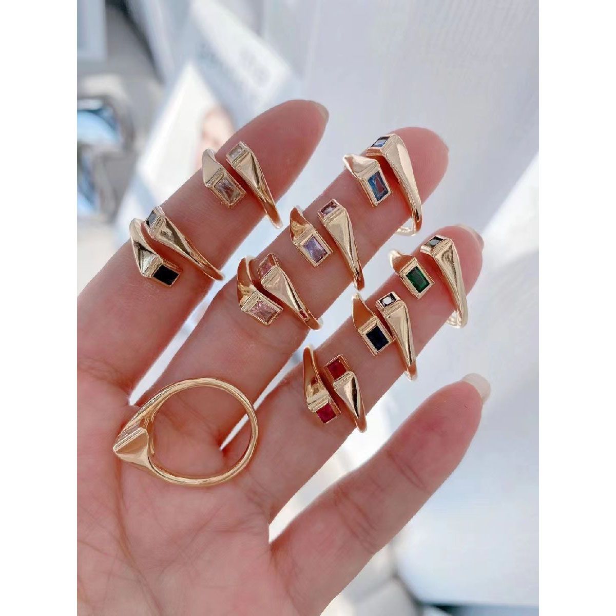 Blue Rectangle Copper 18K Gold Anti Tarnish Free Size Ring Women Bulk