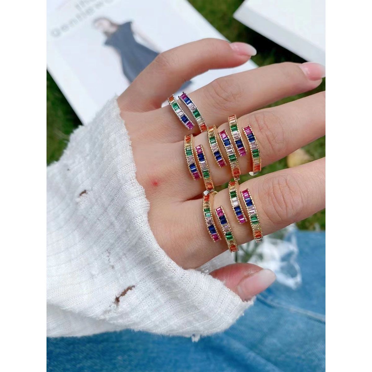 Cross Over Rainbow Multi Color 18K Gold Free Size Ring For Women Bulk Main image