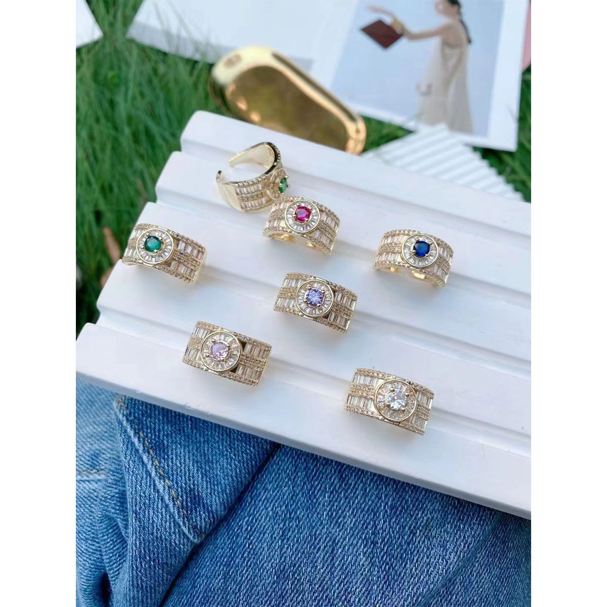 Twin Layer Baguette Cubic Zirconia 18K Gold Free Size Ring Women Bulk Main image
