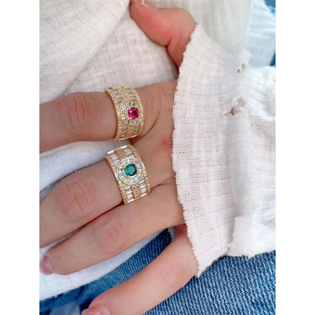 Twin Layer Baguette Cubic Zirconia 18K Gold Free Size Ring Women Bulk