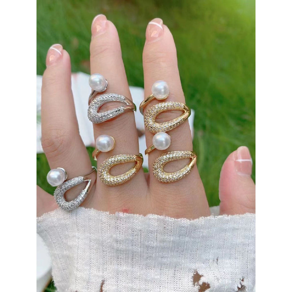 Gold Drop Shape Pearl Cubic Zirconia 18K Gold Free Size Ring Bulk