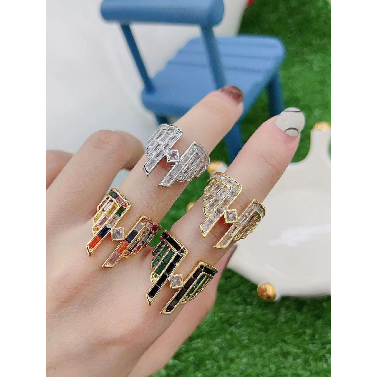Copper Cubic Zirconia Silver Sky Scraper Baguette Adjustable Ring Bulk Secondary image