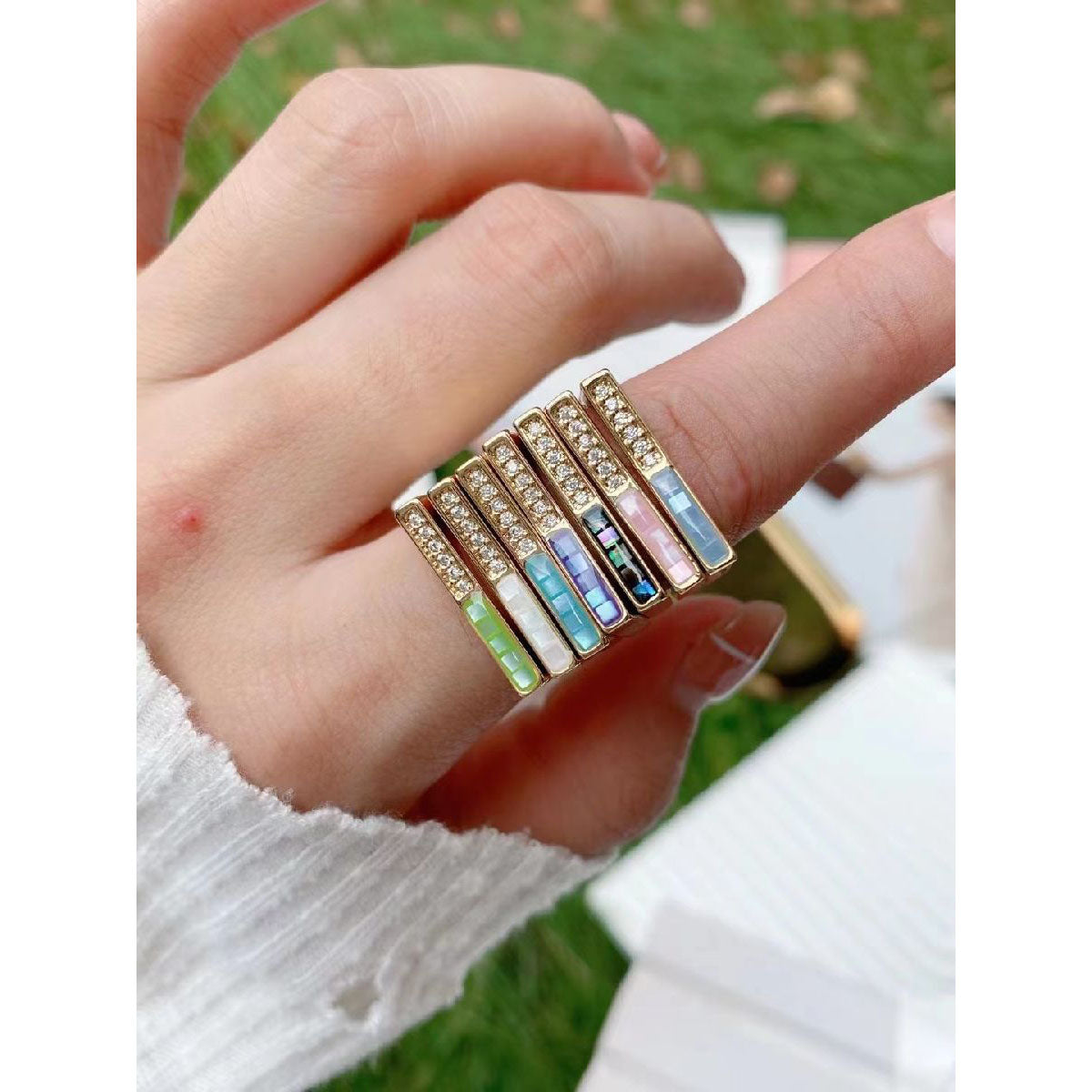 Abalone Multi Color Rectangle Mother Of Pearl Gold Free Size Ring Bulk Main image