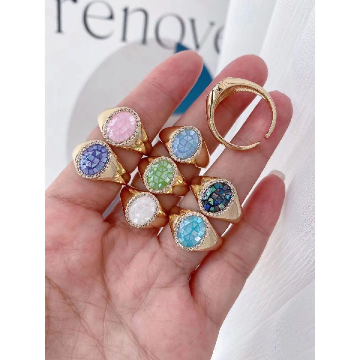 Aqua Studded Mother Of Pearl Oval Smart 18K Free Size Ring Women Bulk Main image