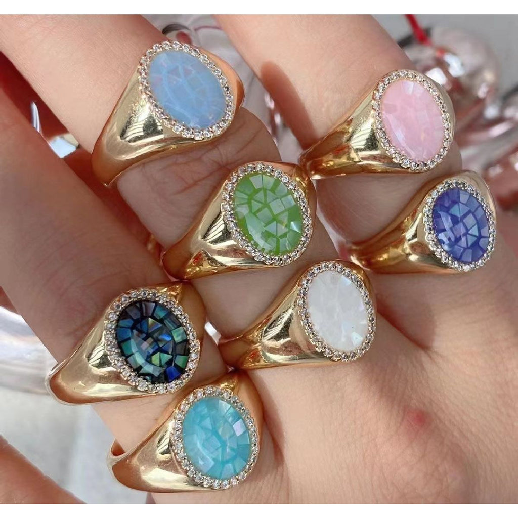 Aqua Studded Mother Of Pearl Oval Smart 18K Free Size Ring Women Bulk