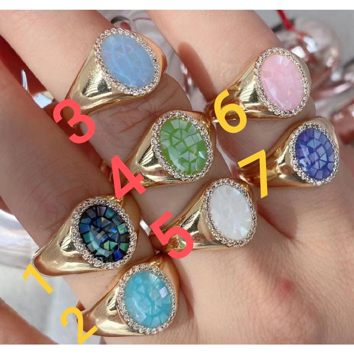 Aqua Studded Mother Of Pearl Oval Smart 18K Free Size Ring Women Bulk