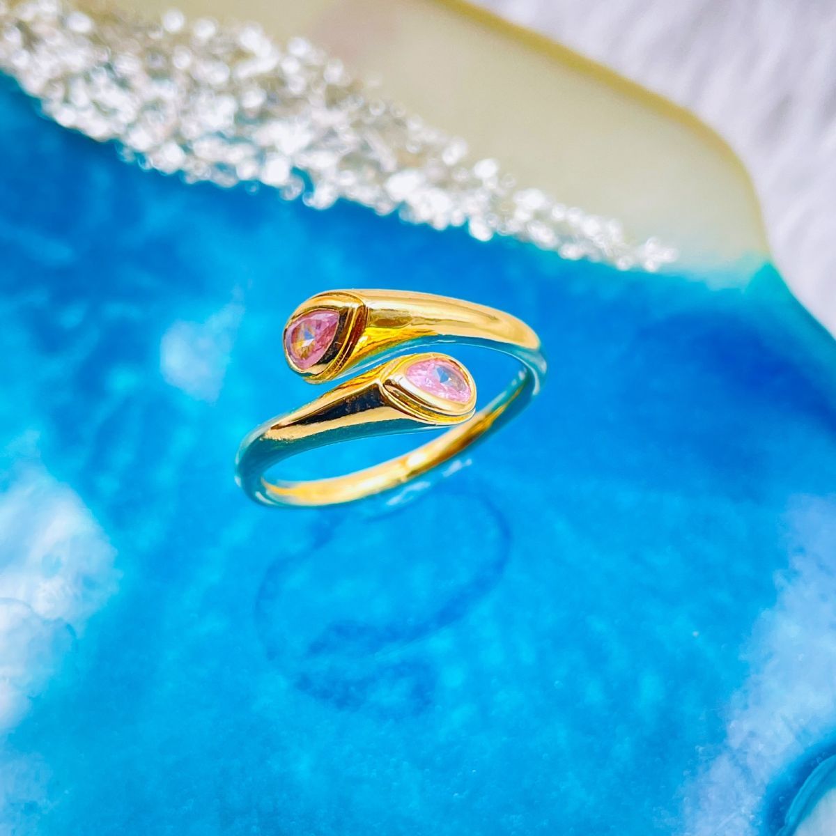 Blue Dual Pear Cubic Zirconia 18K Gold Free Size Ring For Women Bulk Main image