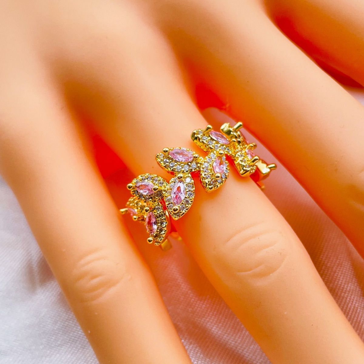 Floral Leaf Cubic Zirconia 18K Gold Anti Tarnish Open Back Ring Bulk