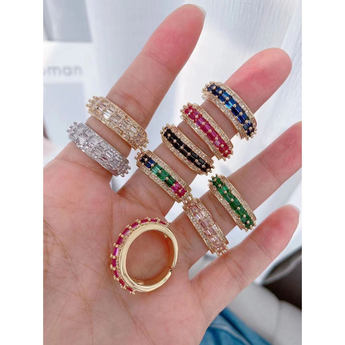 Rainbow Multi Color Baguette 18K Gold Open Back Free Size Ring Bulk Main image