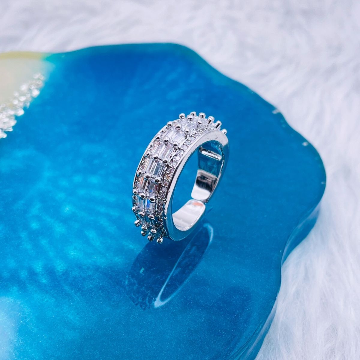 Baguette Cubic Zirconia Silver Copper Open Back Free Size Ring Bulk Main image