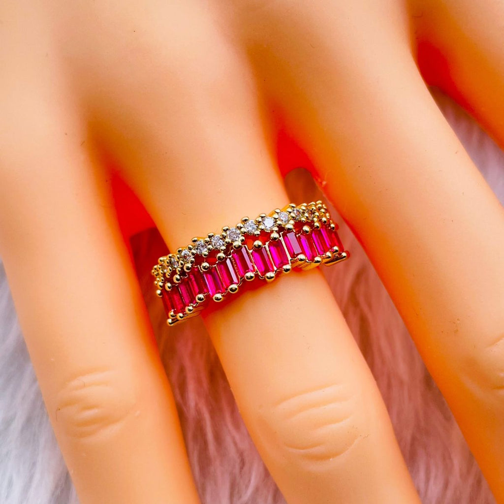 Ruby Red Cubic Zirconia Crystal Baguette Gold Adjustable Ring Bulk