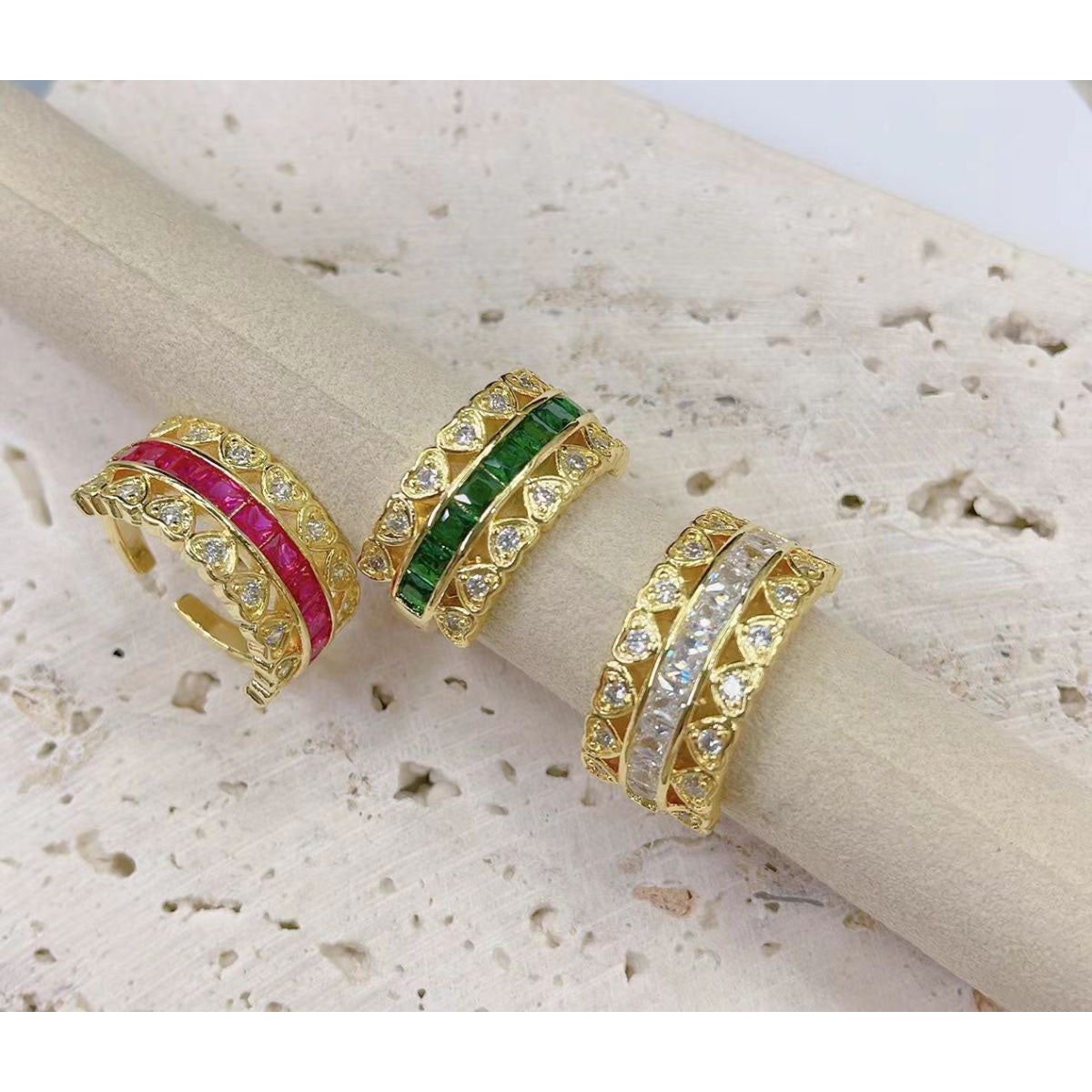 Ruby Pink Love Heart Cubic Zirconia 18K Gold Open Back Ring Women Bulk