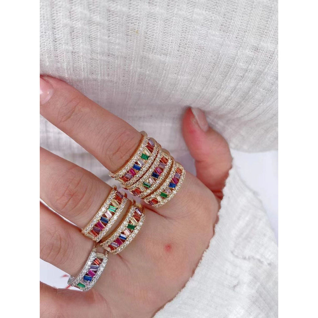 Rainbow Multi Baguette Studded Gold Open Back Free Size Ring Bulk
