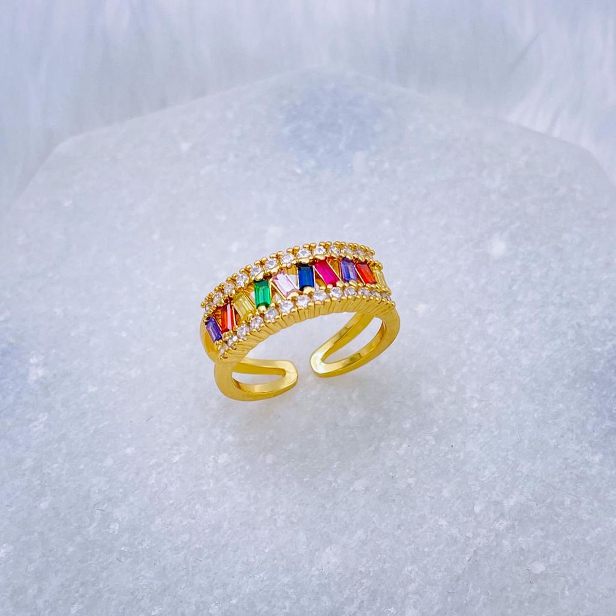 Rainbow Multi Baguette Studded Gold Open Back Free Size Ring Bulk Main image