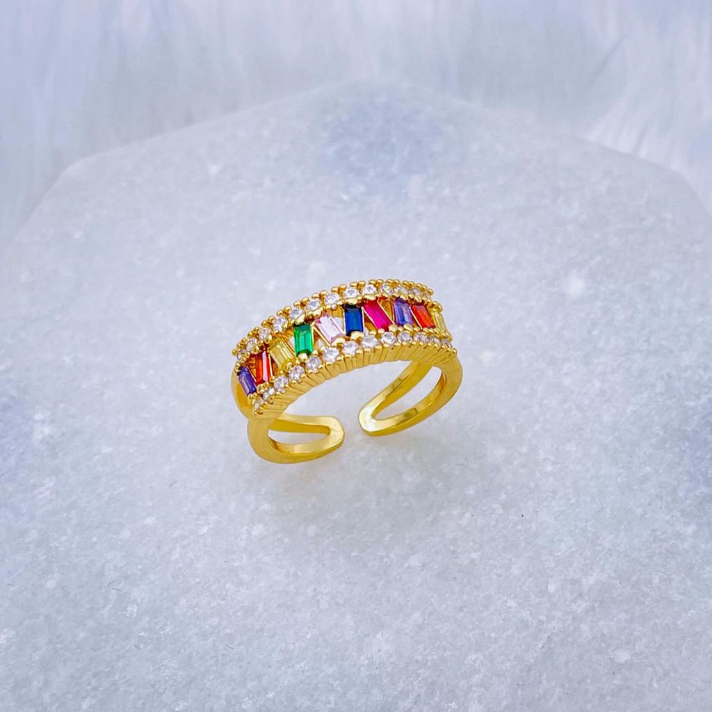Rainbow Multi Baguette Studded Gold Open Back Free Size Ring Bulk