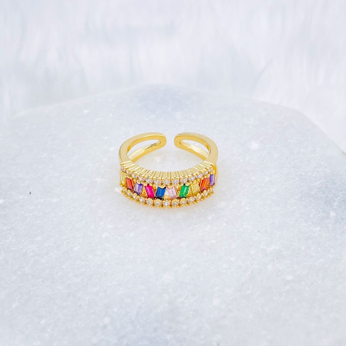 Rainbow Multi Baguette Studded Gold Open Back Free Size Ring Bulk