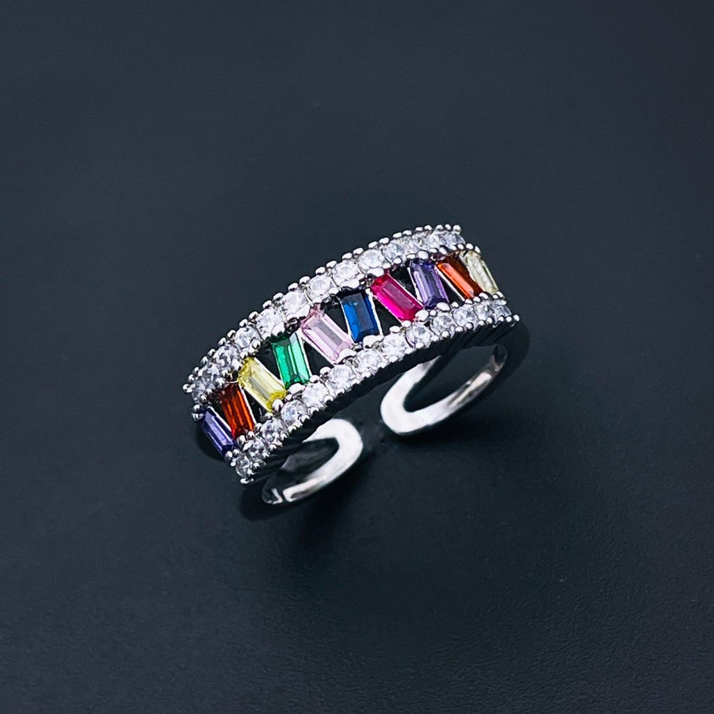 Rainbow Multi Baguette Studded Gold Open Back Free Size Ring Bulk