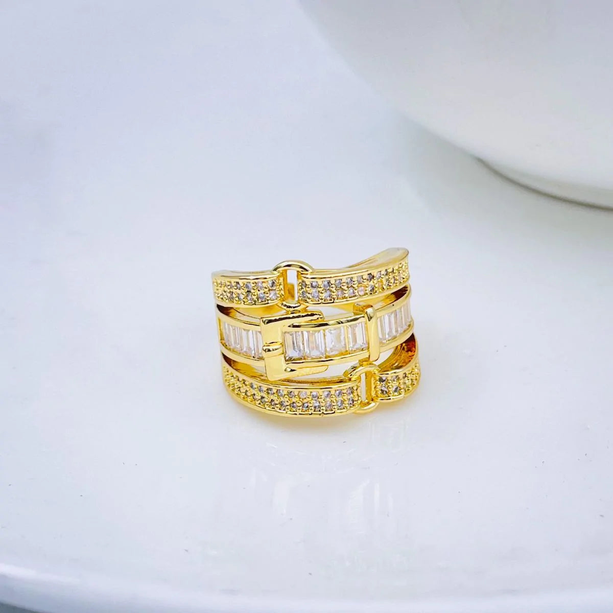 Belt Buckle Cubic Zirconia 18K Gold Copper Open Back Ring Women Bulk
