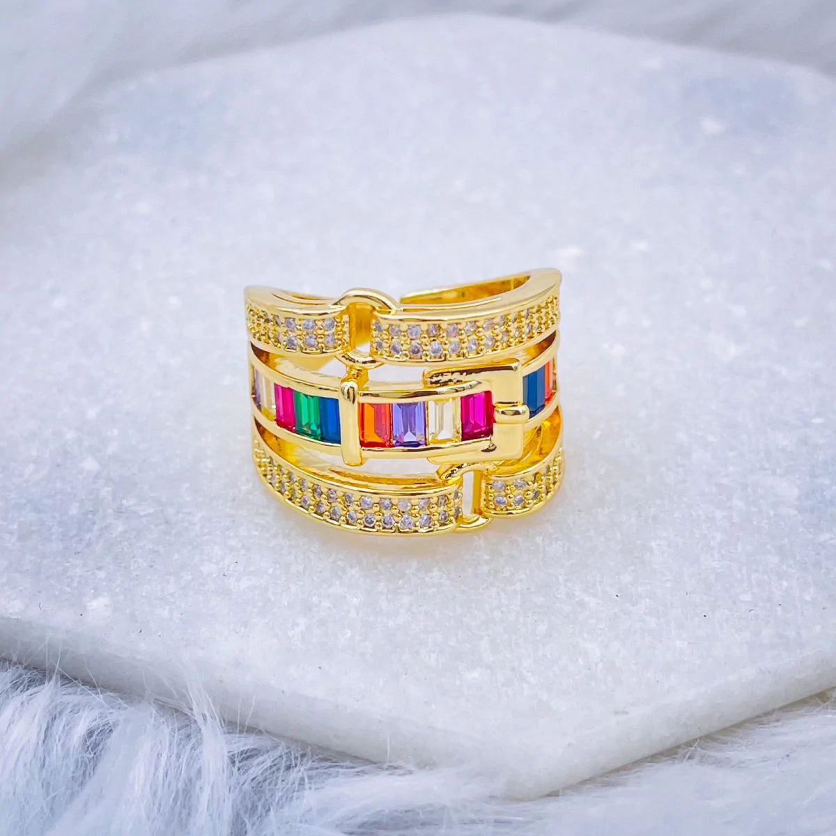 Belt Buckle Cubic Zirconia 18K Gold Copper Open Back Ring Women Bulk