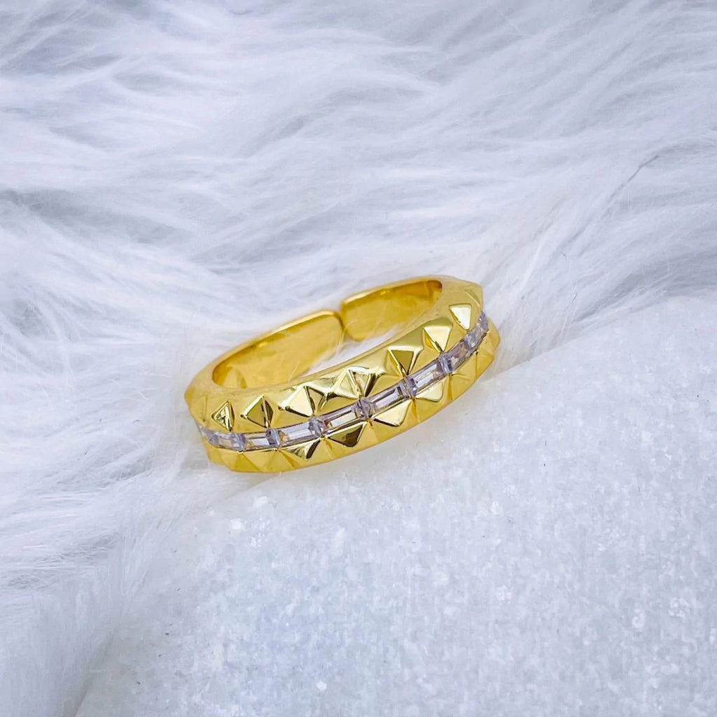 Checkered Baguette Copper 18K Gold Free Size Ring For Women Bulk