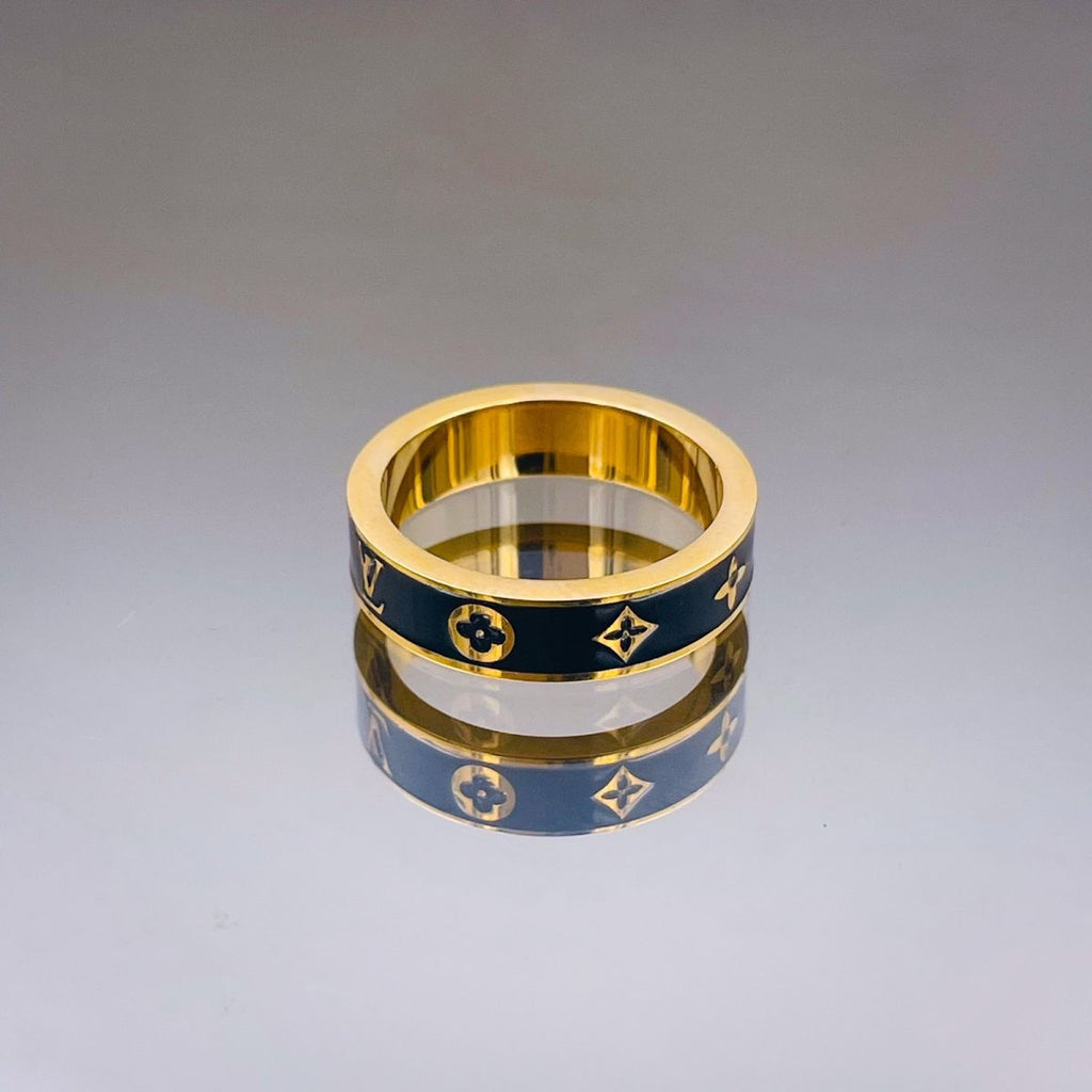Black Enamel Clover Flower 18K Gold Stainless Steel Band Ring Bulk