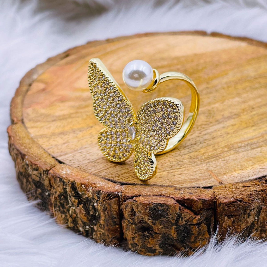 Butterfly Pearl Cubic Zirconia 18K Gold Copper Free Size Ring Bulk