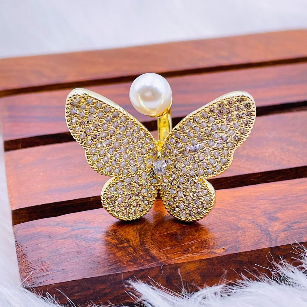 Butterfly Pearl Cubic Zirconia 18K Gold Copper Free Size Ring Bulk
