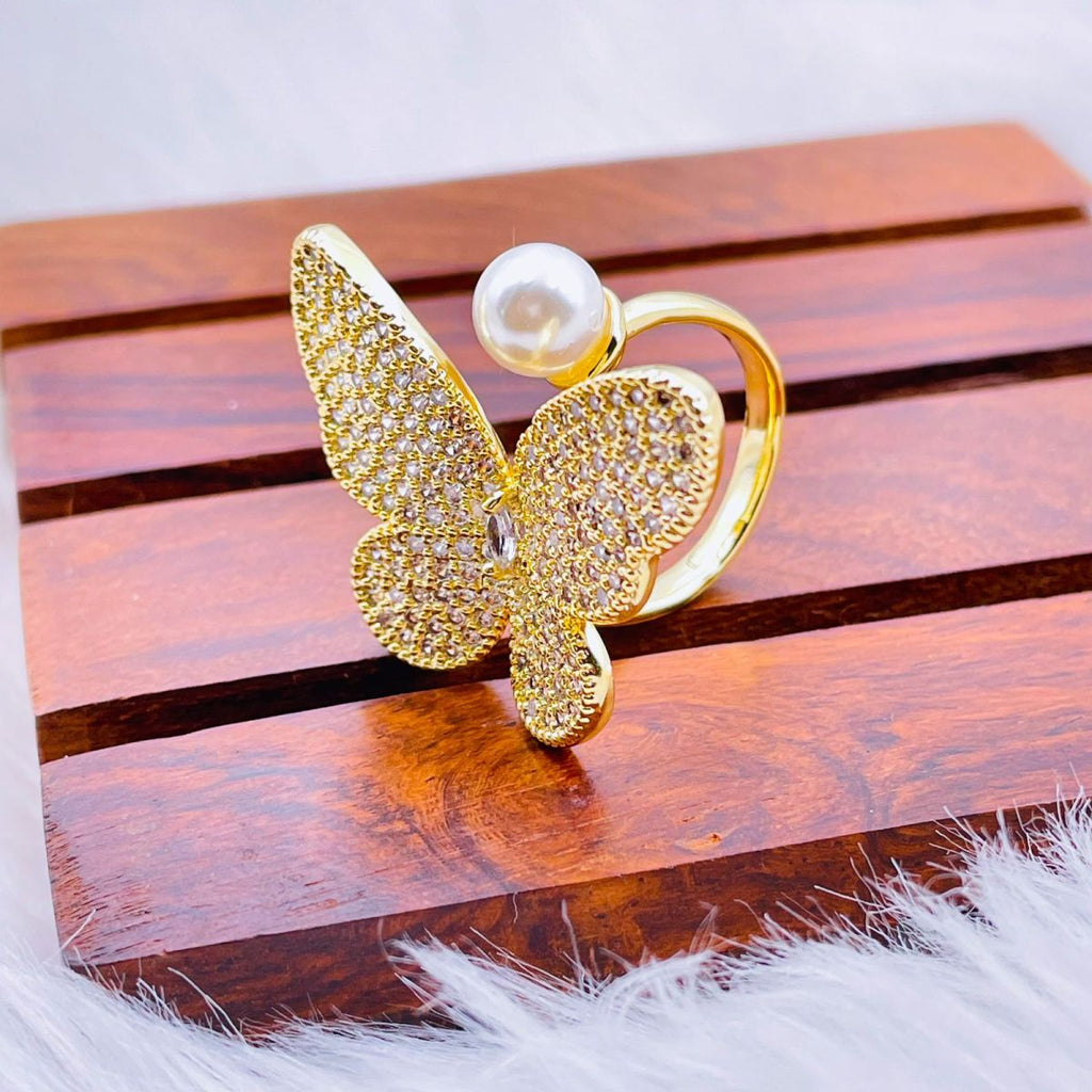 Butterfly Pearl Cubic Zirconia 18K Gold Copper Free Size Ring Bulk
