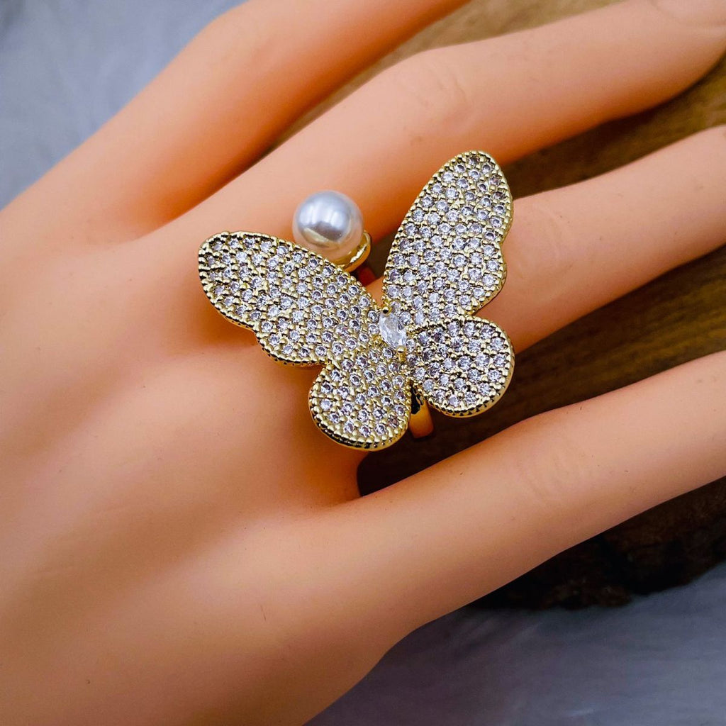 Butterfly Pearl Cubic Zirconia 18K Gold Copper Free Size Ring Bulk