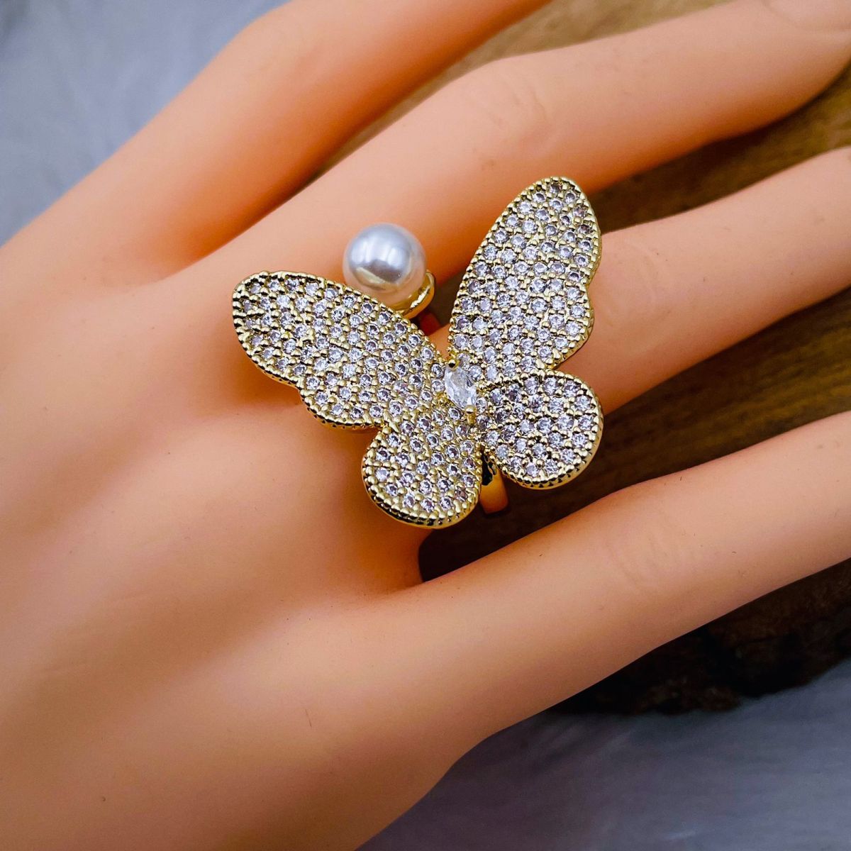 Butterfly Pearl Cubic Zirconia 18K Gold Copper Free Size Ring Bulk