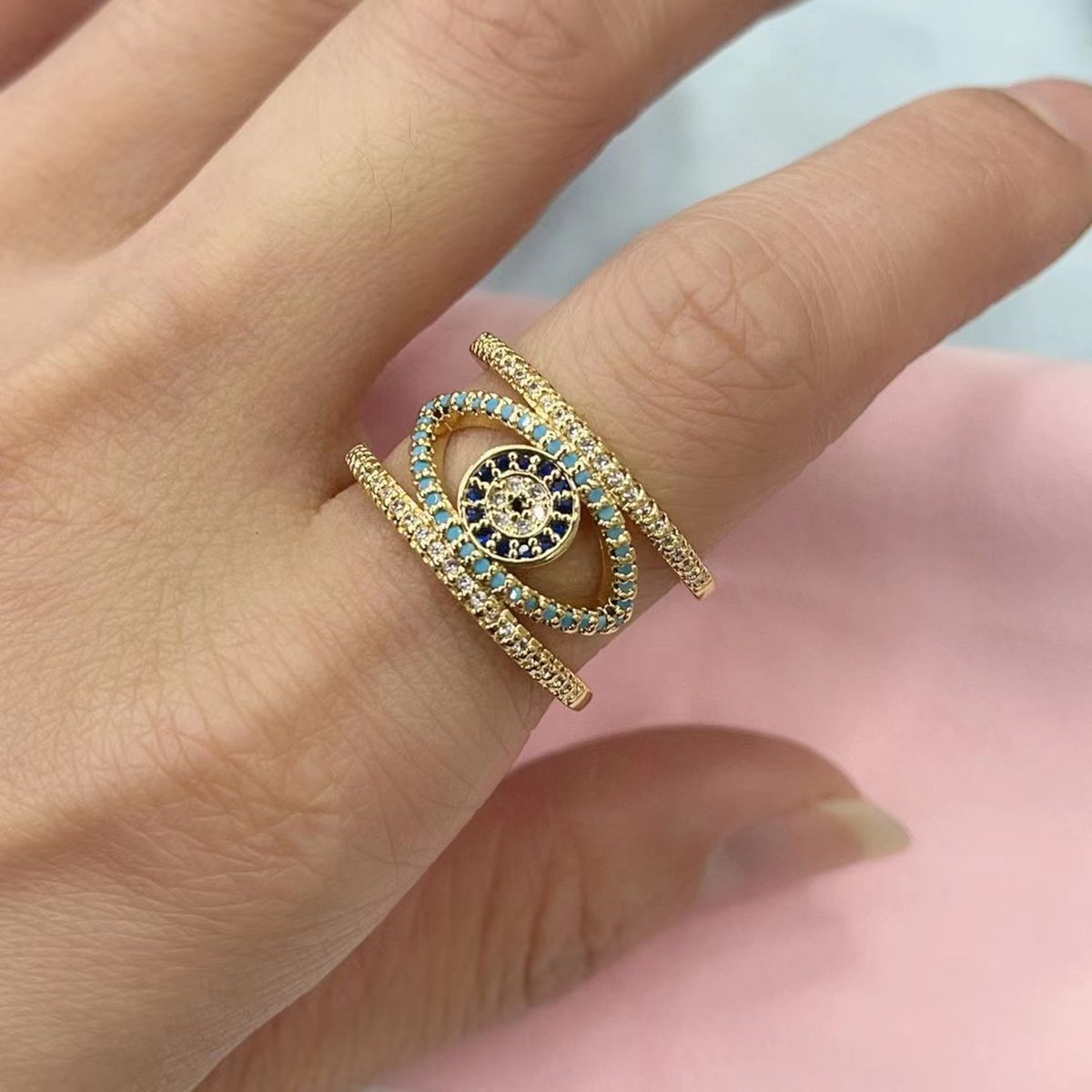 Evil Eye Blue Cubic Zirconia 18K Gold Copper Free Size Ring Women Bulk
